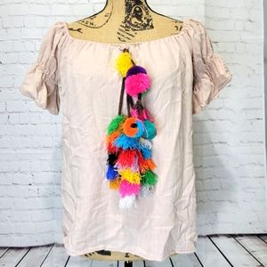 Love J Boho Colorful PomPom Tan Top